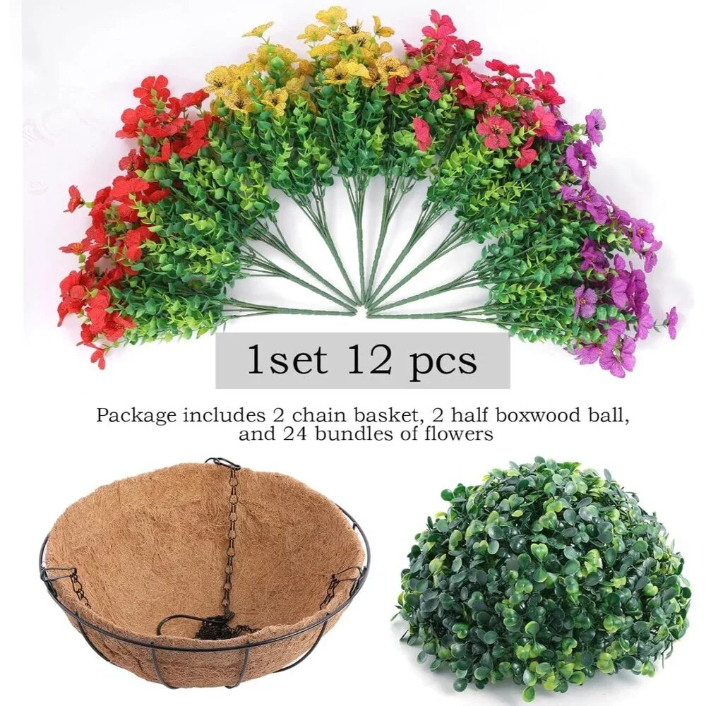 Red Purple Yellow 24-Pcs Outdoor Garden Artificial Hanging Flowers Basket Decor